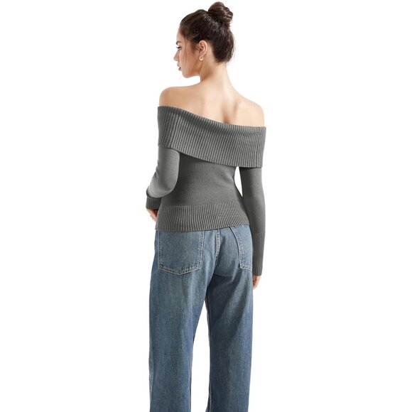 Women Hemp Gray Off Shoulder Long Sleeve Tops Blouse Sweaters - Picture 6 of 7
